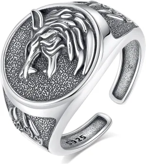 Vito 925 Sterling Silver Wolf Ring for Men, Adjustable Norse Wolf Head Rings for Dad, Vintage Wolf Thumb Open Band Ring Jewelry Gift for Husband