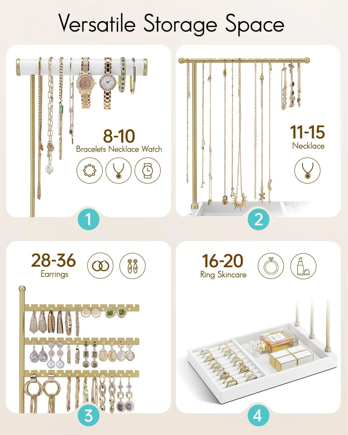Vlando Jewelry Stand Organizer with Ring Holder, Jewelry Holder Organizer with Tray, Necklace Holder Bracket Holder Earring Holder - White