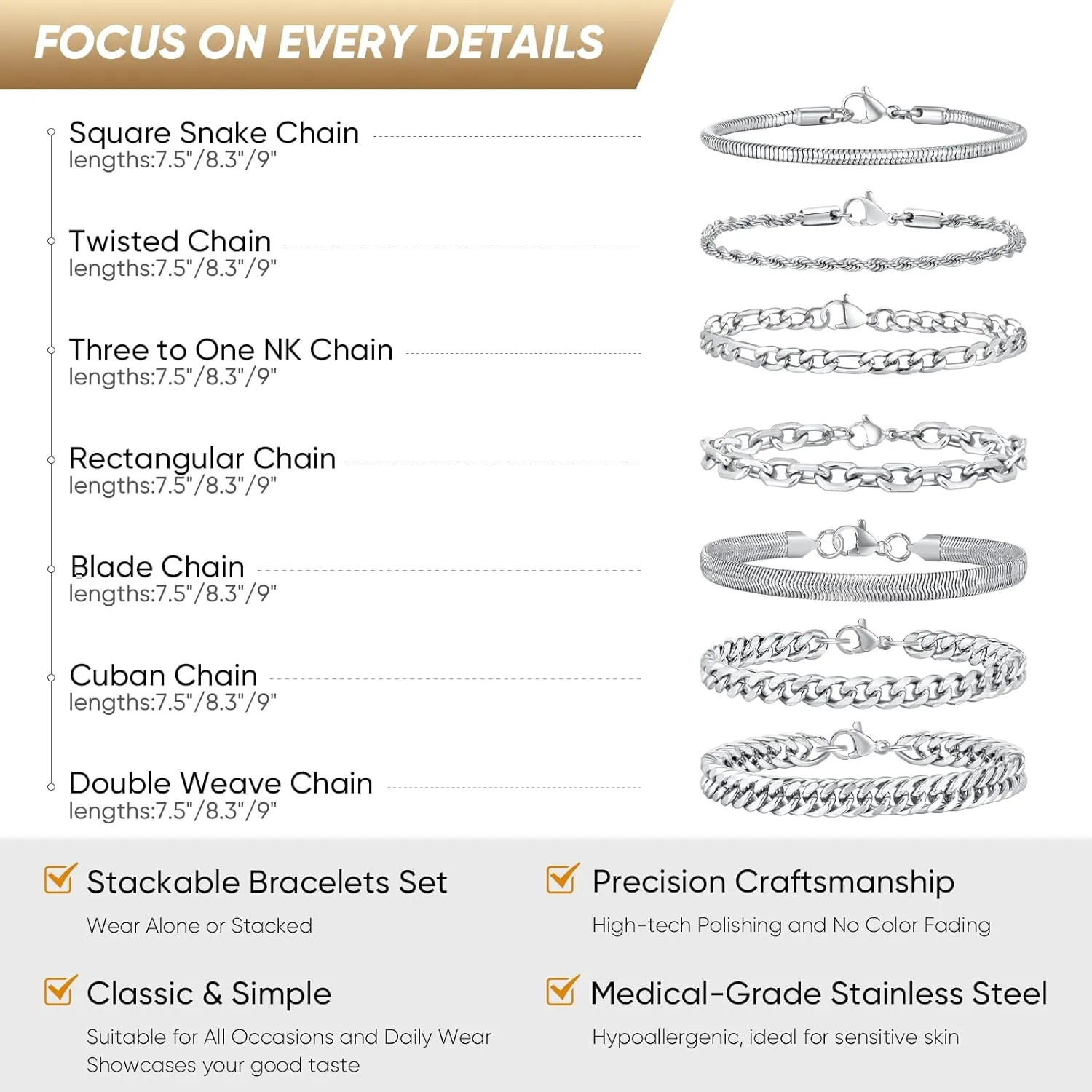 VNOX 5/7 Pcs Chain Bracelet for Men Women - Sturdy Stainless Steel Curb Width Cuban Link Chain Bracelet Set for Men Women,6.5/7/7.4/8.2/9 Inches