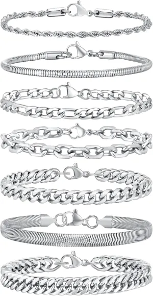 VNOX 5/7 Pcs Chain Bracelet for Men Women - Sturdy Stainless Steel Curb Width Cuban Link Chain Bracelet Set for Men Women,6.5/7/7.4/8.2/9 Inches