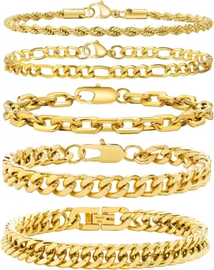 VNOX 5/7 Pcs Chain Bracelet for Men Women - Sturdy Stainless Steel Curb Width Cuban Link Chain Bracelet Set for Men Women,6.5/7/7.4/8.2/9 Inches