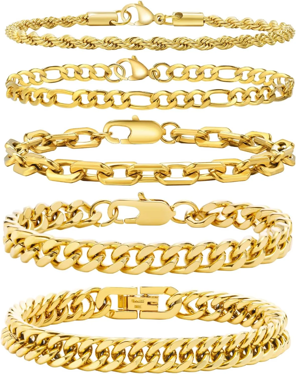 VNOX 5/7 Pcs Chain Bracelet for Men Women - Sturdy Stainless Steel Curb Width Cuban Link Chain Bracelet Set for Men Women,6.5/7/7.4/8.2/9 Inches
