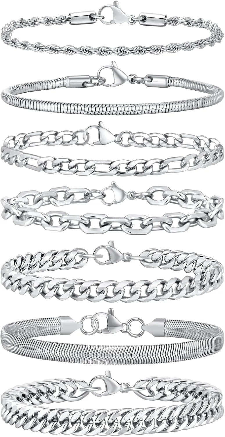 VNOX 5/7 Pcs Chain Bracelet for Men Women - Sturdy Stainless Steel Curb Width Cuban Link Chain Bracelet Set for Men Women,6.5/7/7.4/8.2/9 Inches