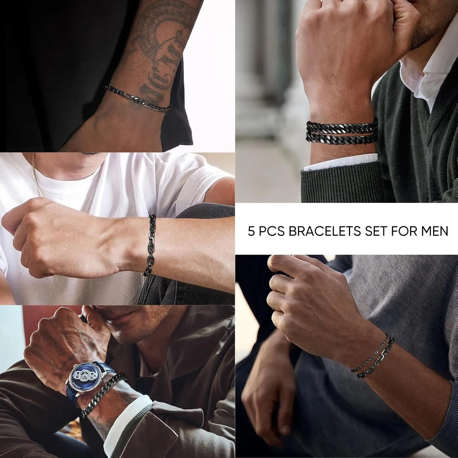 VNOX 5/7 Pcs Chain Bracelet for Men Women - Sturdy Stainless Steel Curb Width Cuban Link Chain Bracelet Set for Men Women,6.5/7/7.4/8.2/9 Inches