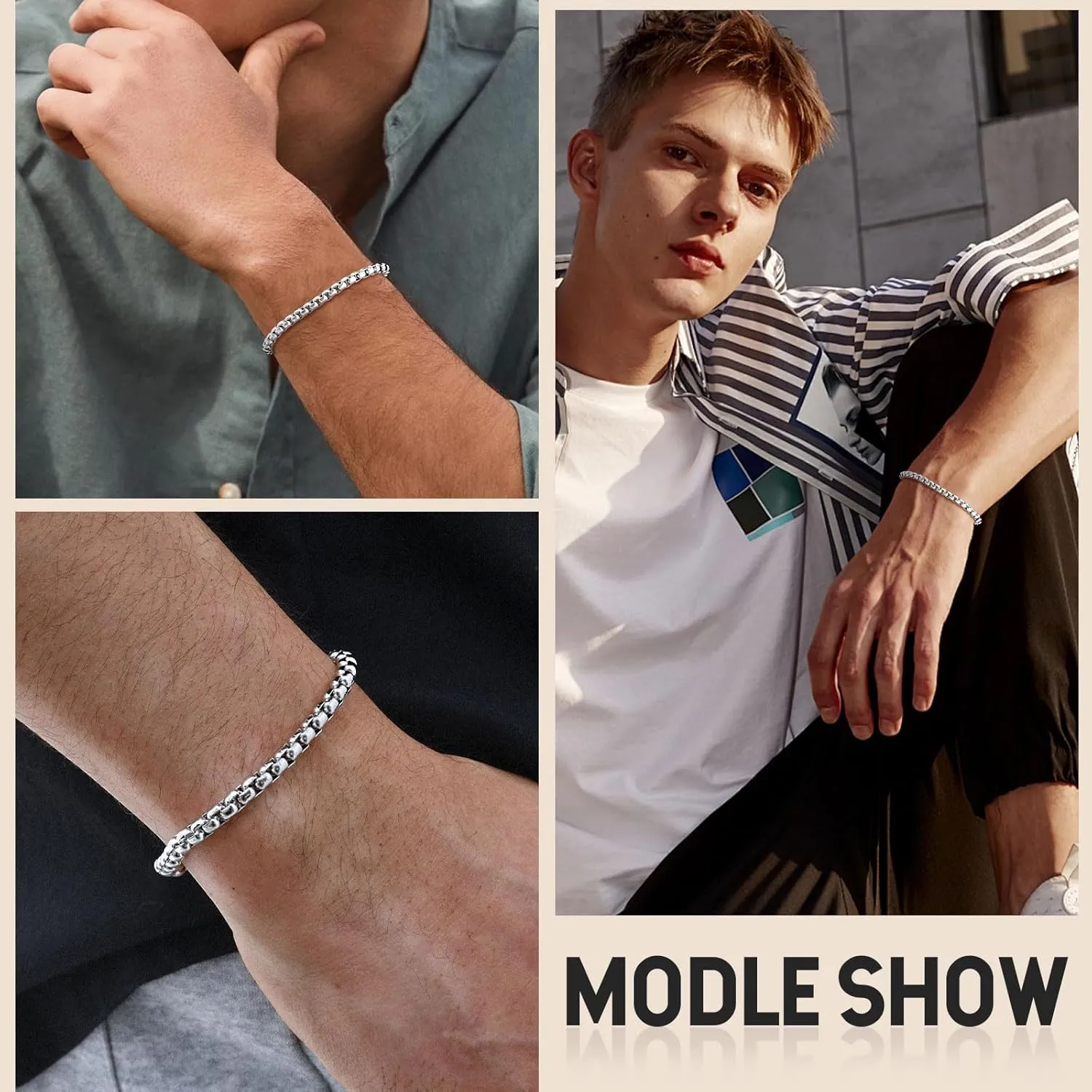VNOX Box Chain Bracelet for Men Women - Simple Metal Mens Bracelets Square Rolo Link Round Box Chain Silver Stainless Steel Bracelets Jewelry Gifts for Boyfriend