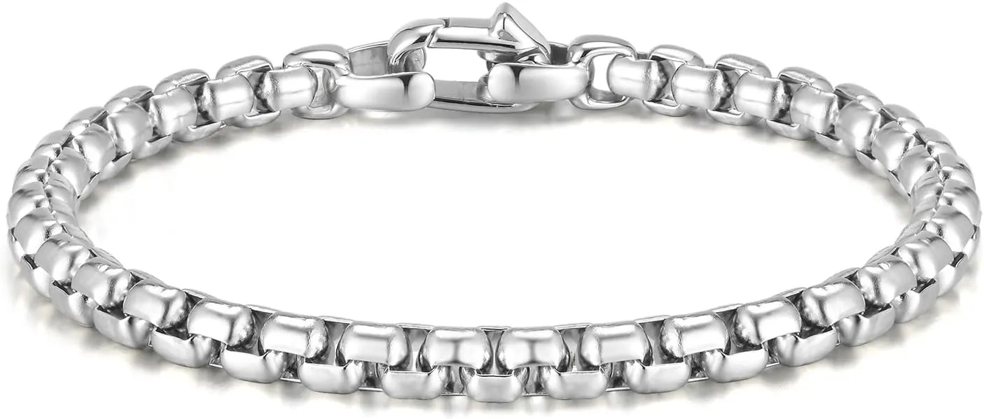 VNOX Box Chain Bracelet for Men Women - Simple Metal Mens Bracelets Square Rolo Link Round Box Chain Silver Stainless Steel Bracelets Jewelry Gifts for Boyfriend