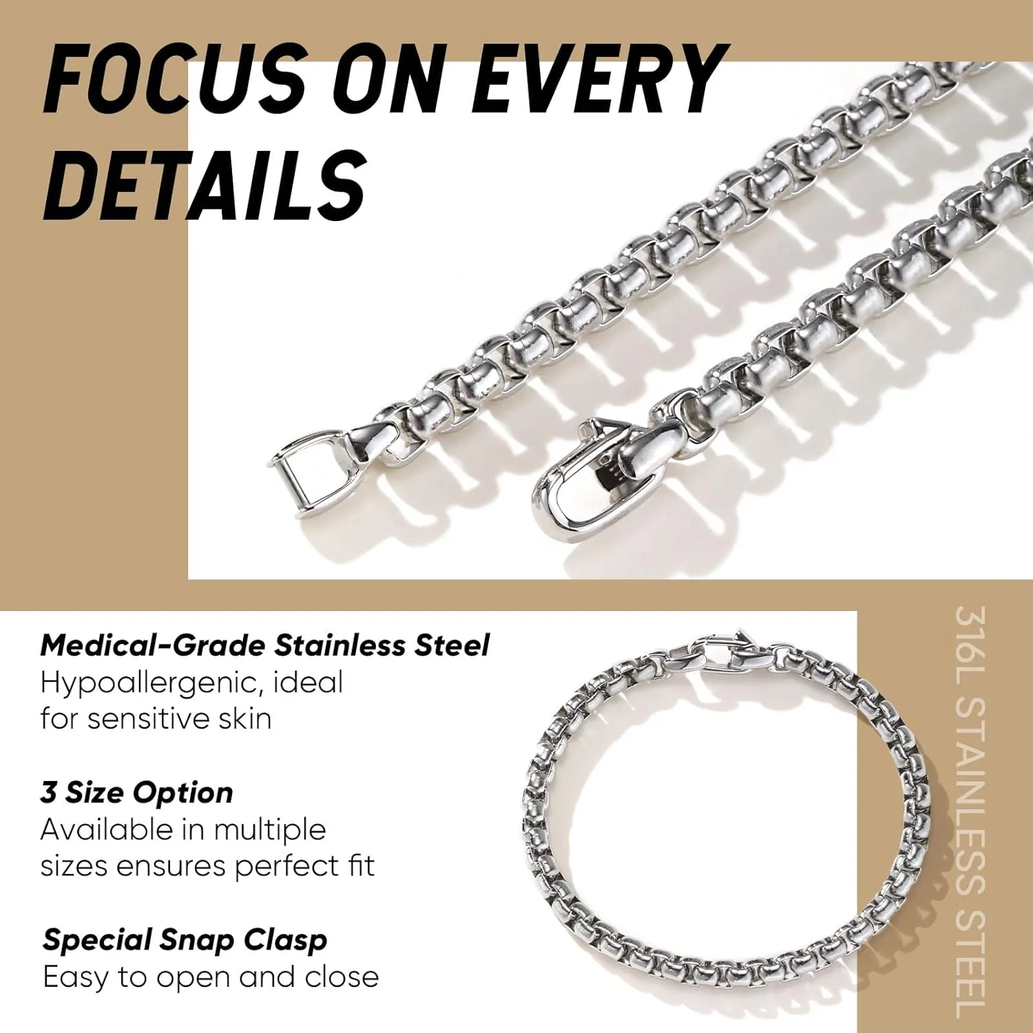 VNOX Box Chain Bracelet for Men Women - Simple Metal Mens Bracelets Square Rolo Link Round Box Chain Silver Stainless Steel Bracelets Jewelry Gifts for Boyfriend