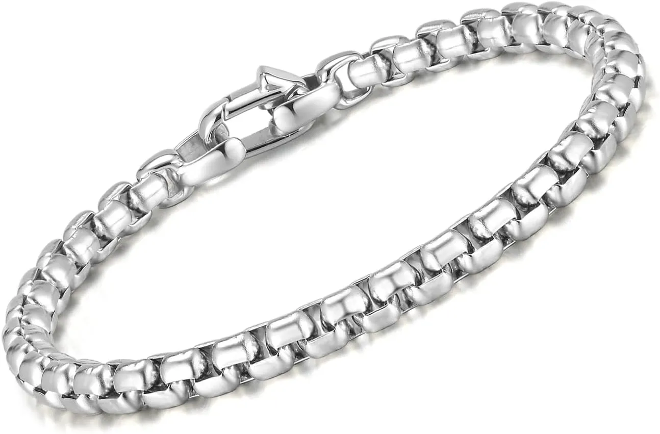 VNOX Box Chain Bracelet for Men Women - Simple Metal Mens Bracelets Square Rolo Link Round Box Chain Silver Stainless Steel Bracelets Jewelry Gifts for Boyfriend