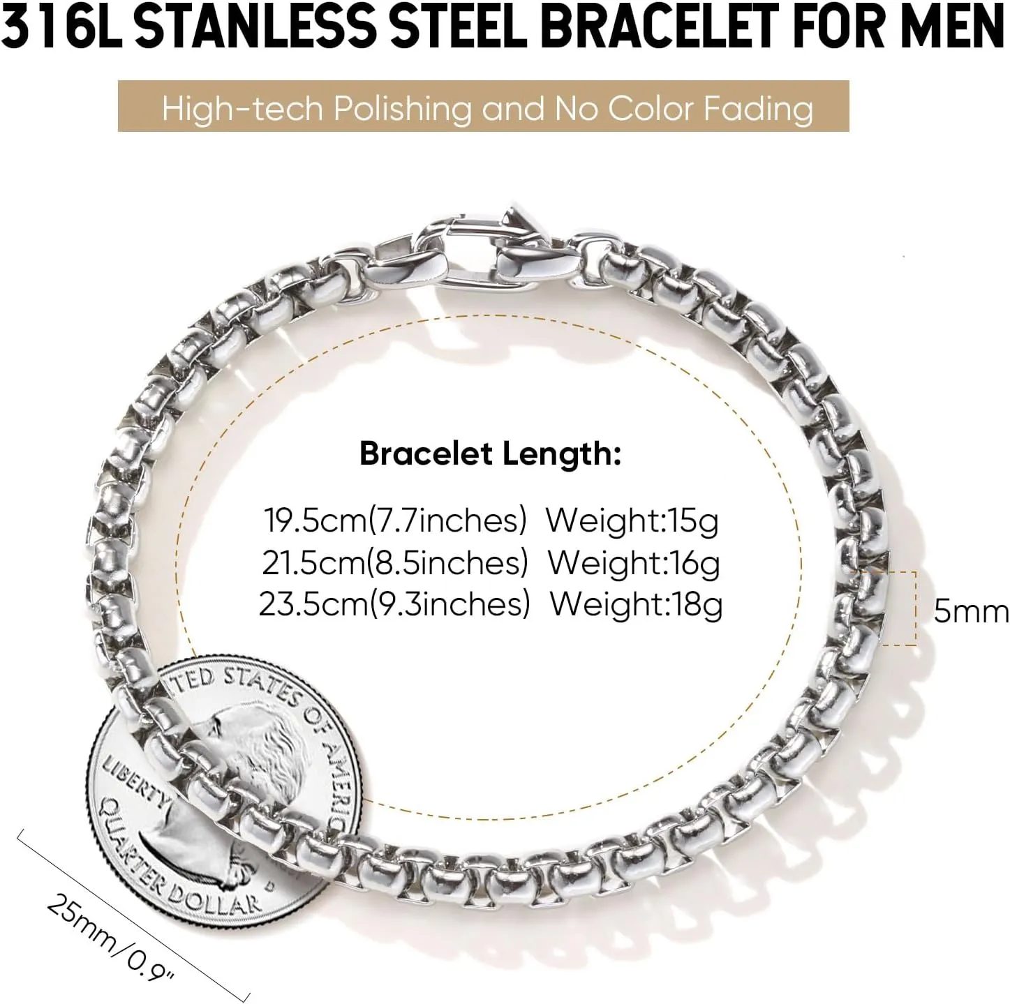 VNOX Box Chain Bracelet for Men Women - Simple Metal Mens Bracelets Square Rolo Link Round Box Chain Silver Stainless Steel Bracelets Jewelry Gifts for Boyfriend