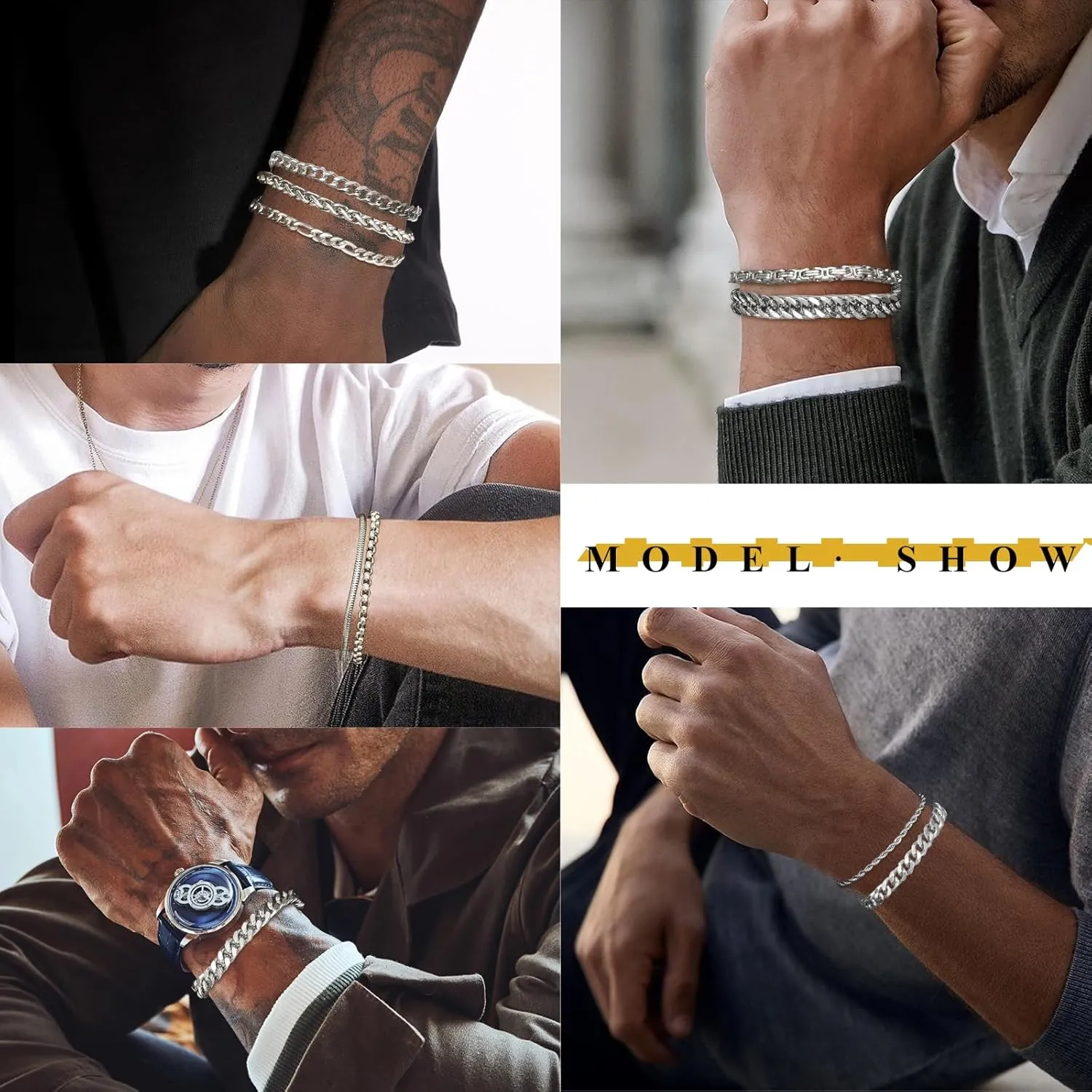 VNOX Silver Chain Bracelet for Men - 10 Pcs Solid Stainless Steel Rope/Figaro/Paperclip/Cuban Link/Snake Curb Chunky Chain Bracelet Set Wrist Band for Men Women Boys,Mens Jewelry Set