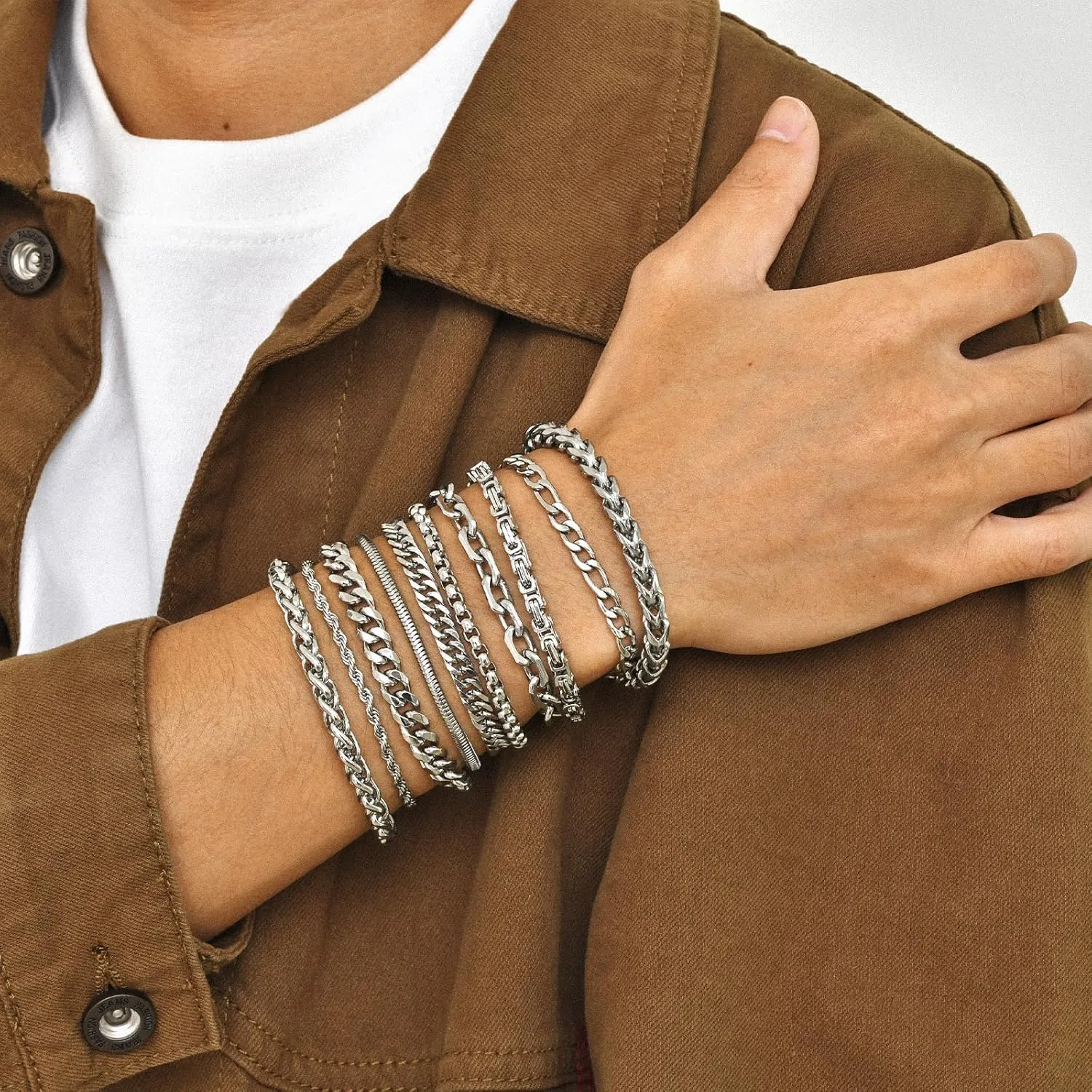 VNOX Silver Chain Bracelet for Men - 10 Pcs Solid Stainless Steel Rope/Figaro/Paperclip/Cuban Link/Snake Curb Chunky Chain Bracelet Set Wrist Band for Men Women Boys,Mens Jewelry Set