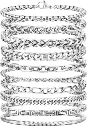 VNOX Silver Chain Bracelet for Men - 10 Pcs Solid Stainless Steel Rope/Figaro/Paperclip/Cuban Link/Snake Curb Chunky Chain Bracelet Set Wrist Band for Men Women Boys,Mens Jewelry Set