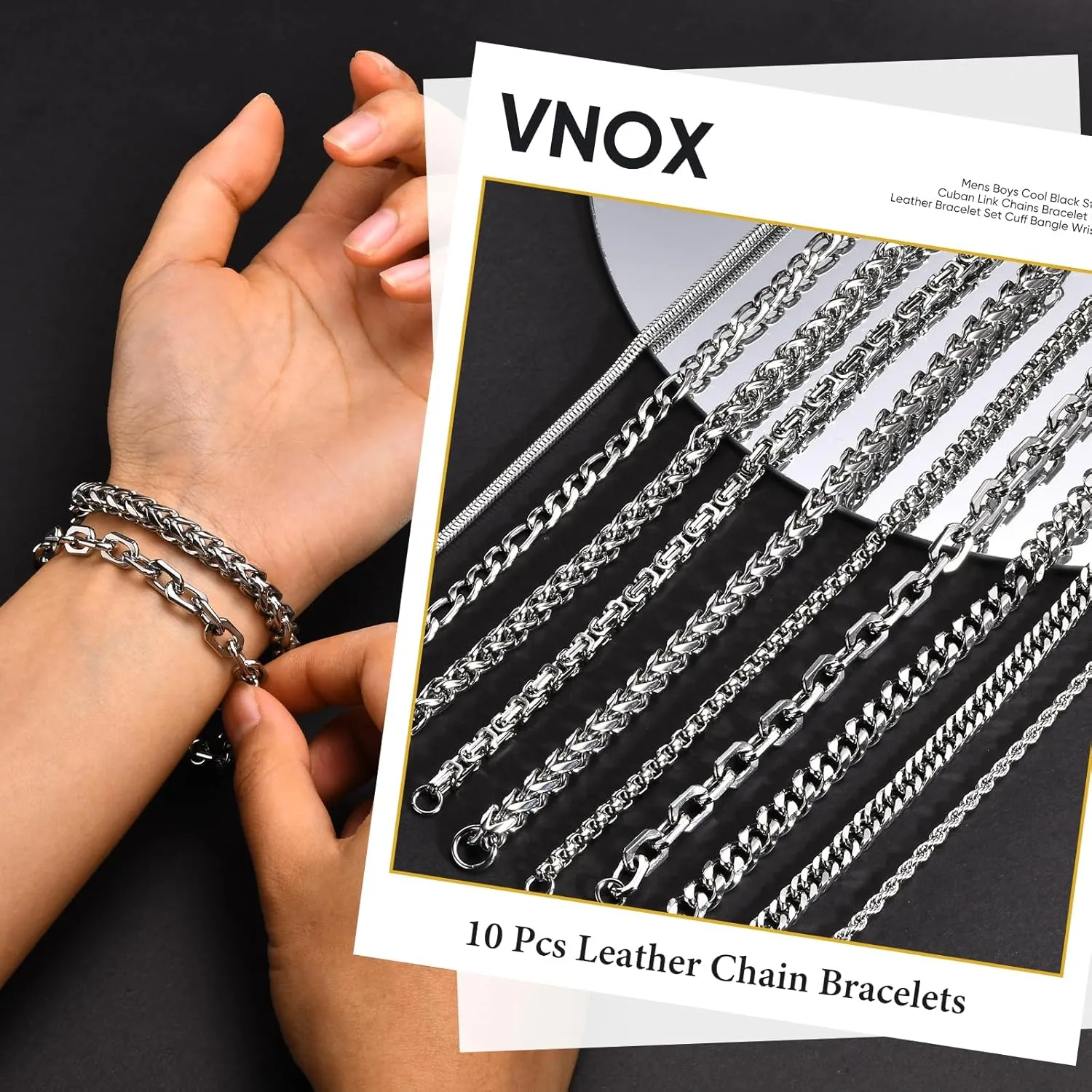 VNOX Silver Chain Bracelet for Men - 10 Pcs Solid Stainless Steel Rope/Figaro/Paperclip/Cuban Link/Snake Curb Chunky Chain Bracelet Set Wrist Band for Men Women Boys,Mens Jewelry Set