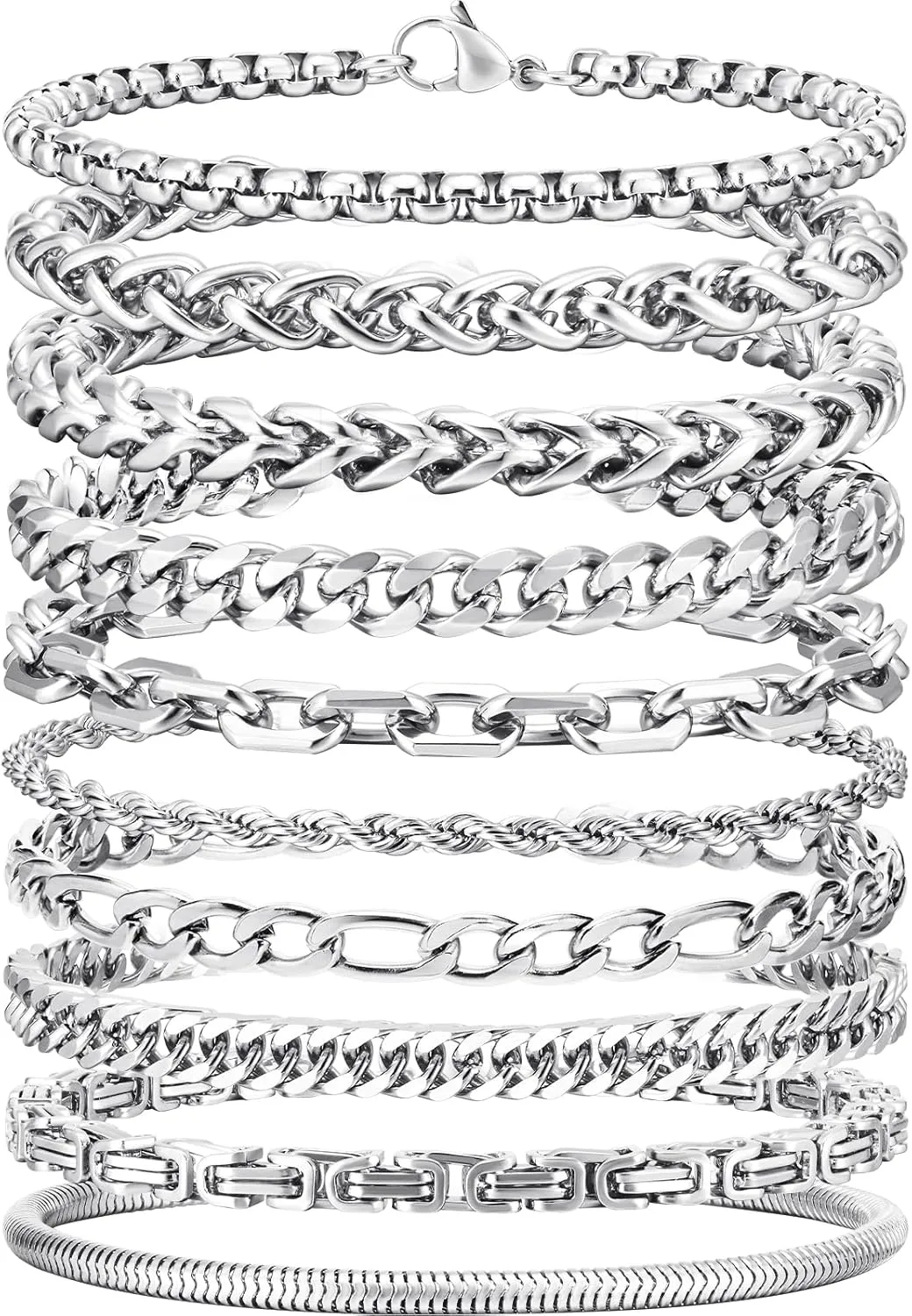 VNOX Silver Chain Bracelet for Men - 10 Pcs Solid Stainless Steel Rope/Figaro/Paperclip/Cuban Link/Snake Curb Chunky Chain Bracelet Set Wrist Band for Men Women Boys,Mens Jewelry Set