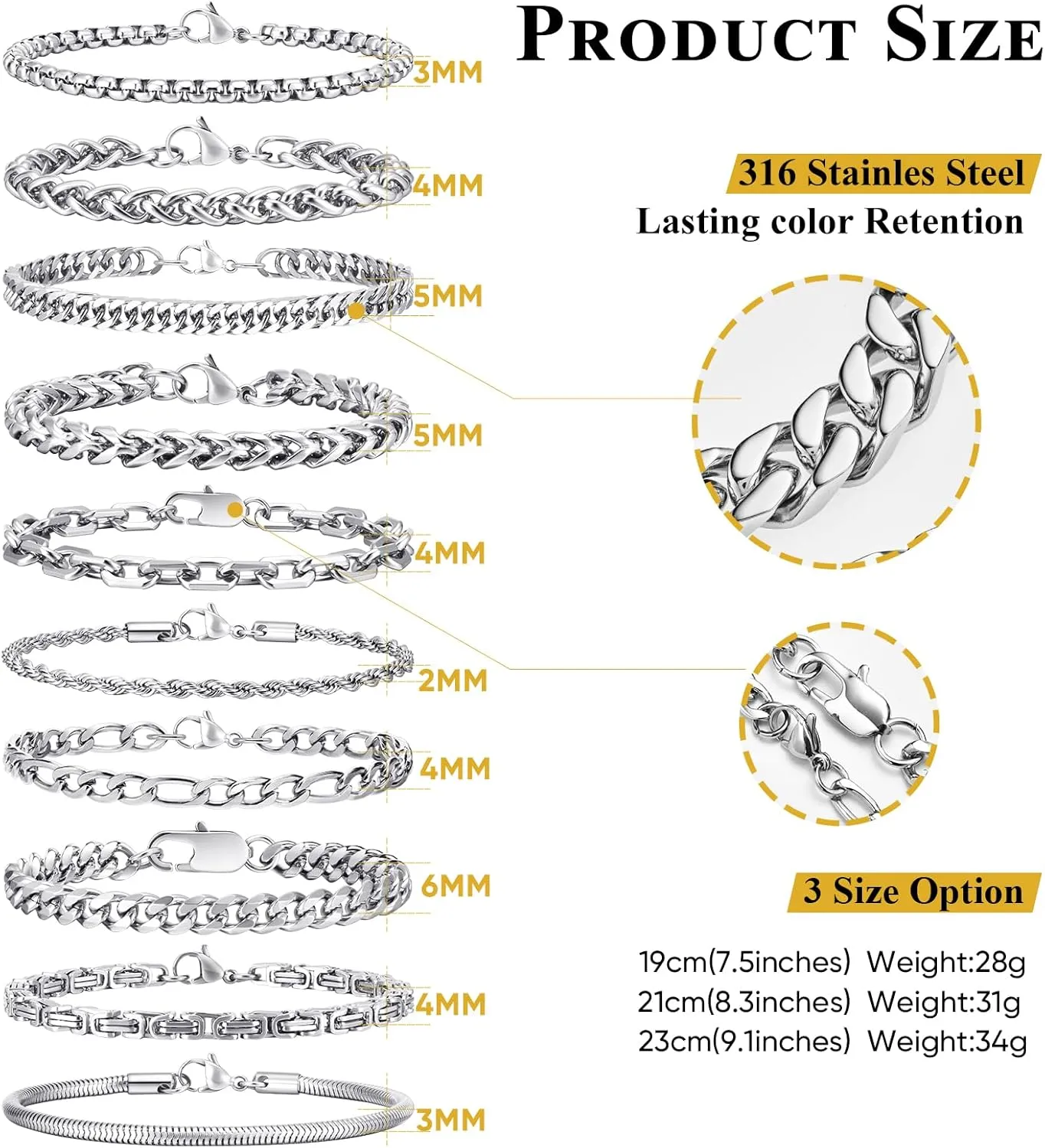 VNOX Silver Chain Bracelet for Men - 10 Pcs Solid Stainless Steel Rope/Figaro/Paperclip/Cuban Link/Snake Curb Chunky Chain Bracelet Set Wrist Band for Men Women Boys,Mens Jewelry Set