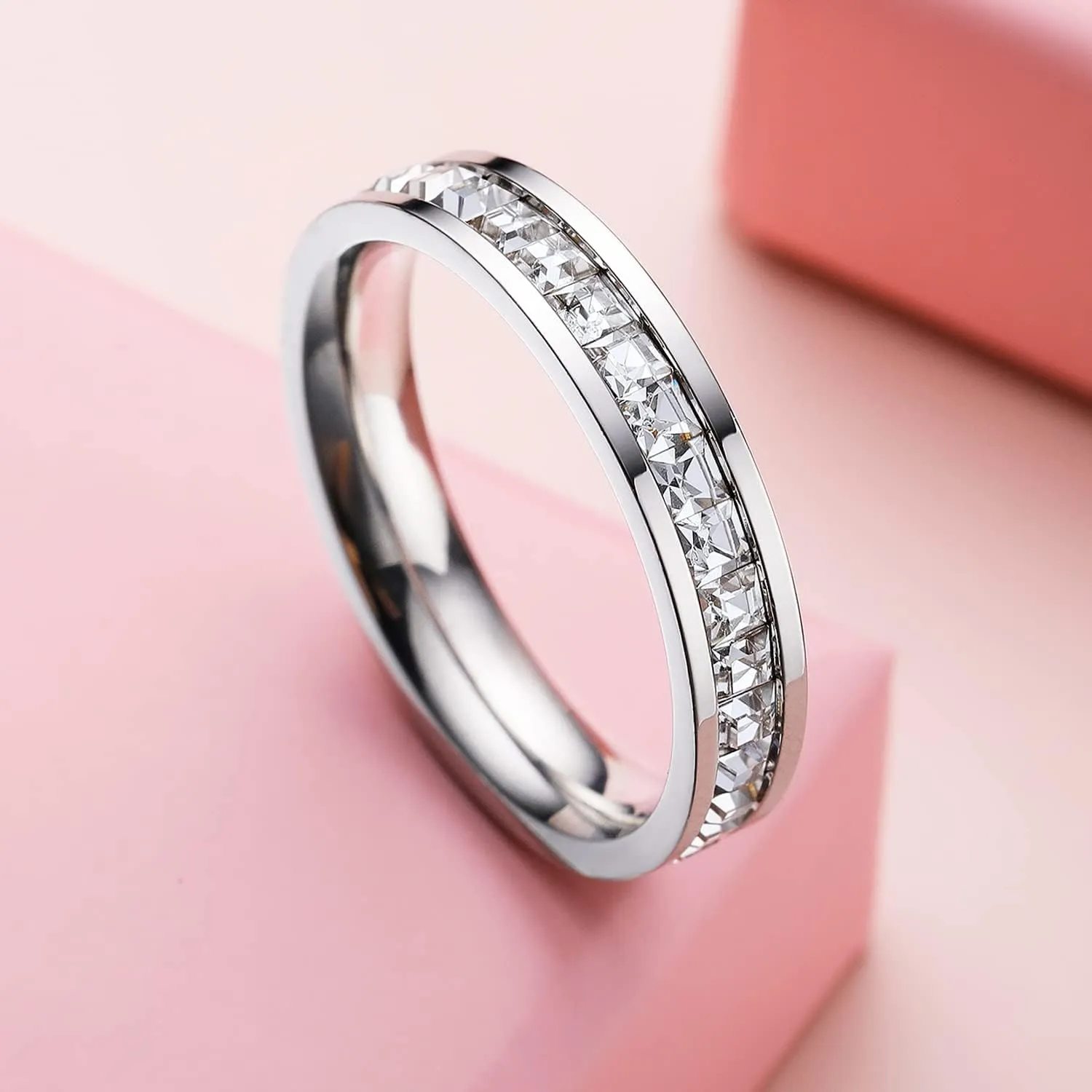 VOLUKA Eternity Band Rings for Women Men Platinum Plated Spinner Bands Couple Rings Size 5-10