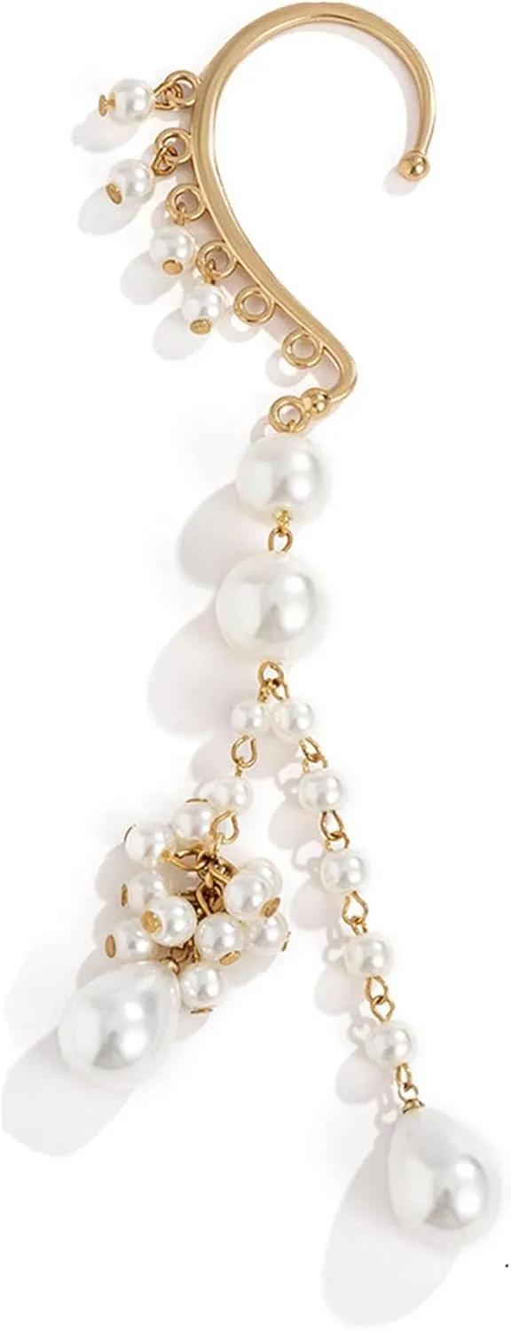 Water Drop Pearl Pendant Elf Ear Cuff Single Left Handmade Non Piercing Earring for Women