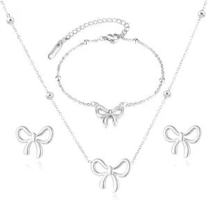 WCRAZYE 4 Pcs Bow Necklace Earrings Bracelet Set for Women 14K Gold Plated Bowknot Chain Necklace Dainty Ribbon Bow Necklace for Christmas Holiday Jewelry