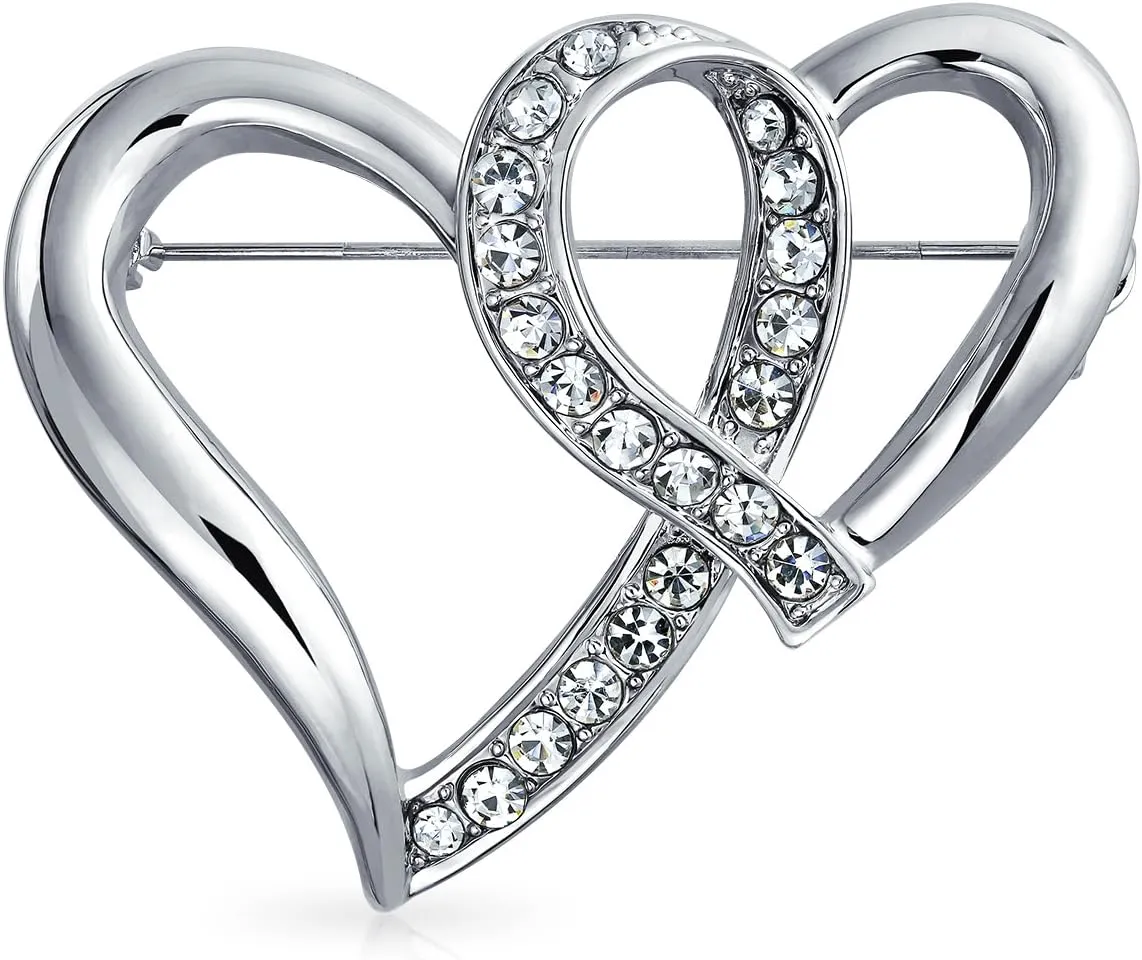 Wedding Holiday Pink Clear Glittering Crystal Bridal Fashion Large Statement Open or Interlocking Double Heart Scarf Brooch Pin For Women Silver Plated
