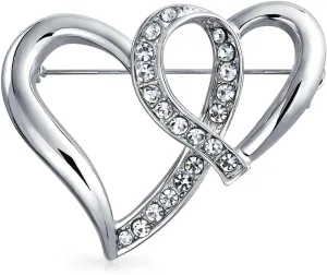 Wedding Holiday Pink Clear Glittering Crystal Bridal Fashion Large Statement Open or Interlocking Double Heart Scarf Brooch Pin For Women Silver Plated