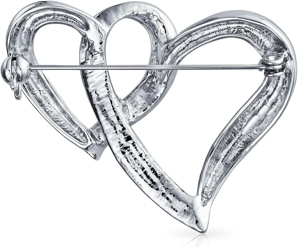 Wedding Holiday Pink Clear Glittering Crystal Bridal Fashion Large Statement Open or Interlocking Double Heart Scarf Brooch Pin For Women Silver Plated