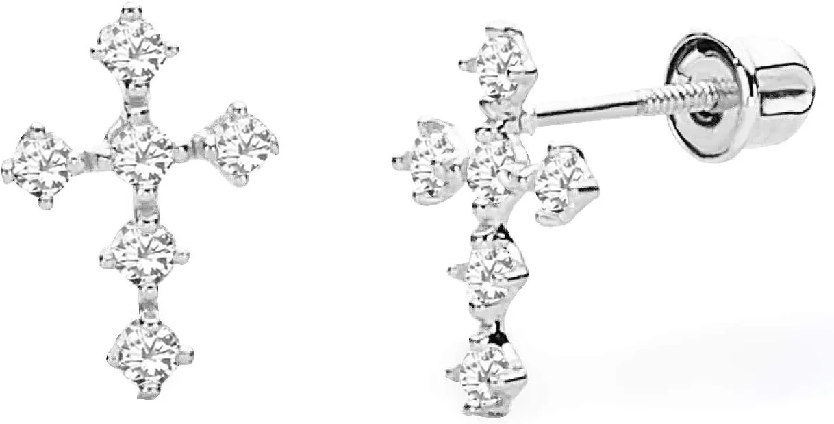 Wellingsale 14K White Gold Polished Cross Stud Earrings With Screw Back
