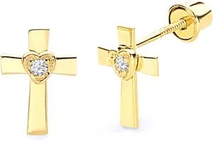 Wellingsale 14K Yellow Gold Polished Cross Heart Stud Earrings With Screw Back