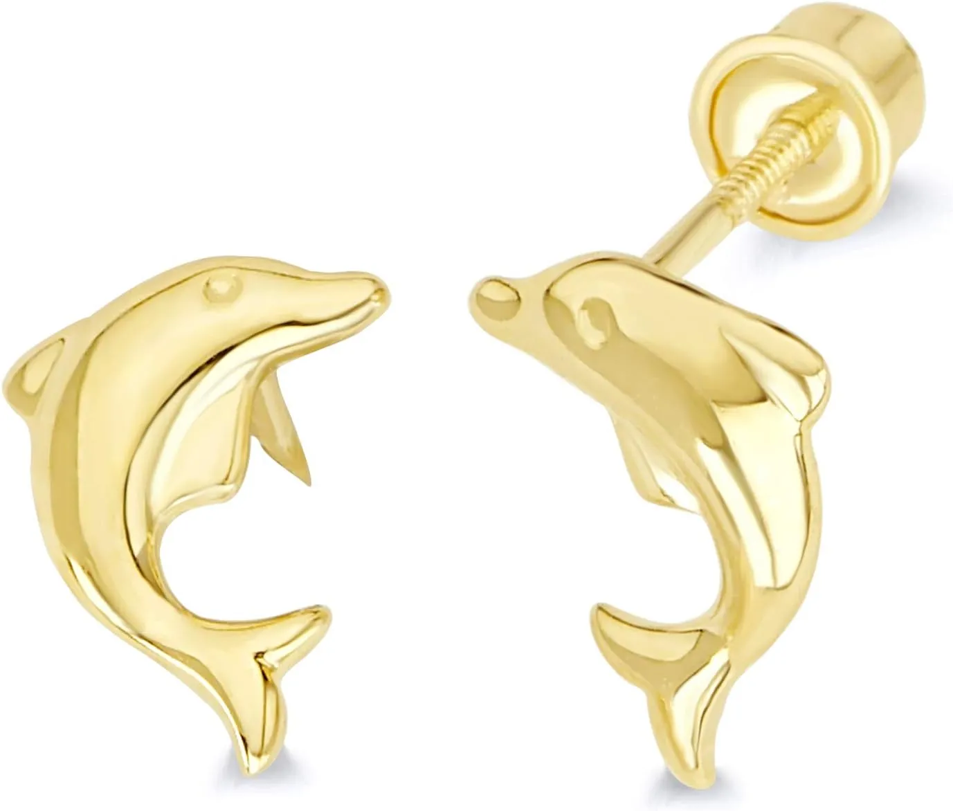 Wellingsale 14K Yellow Gold Polished Dolphin Stud Earrings With Screw Back