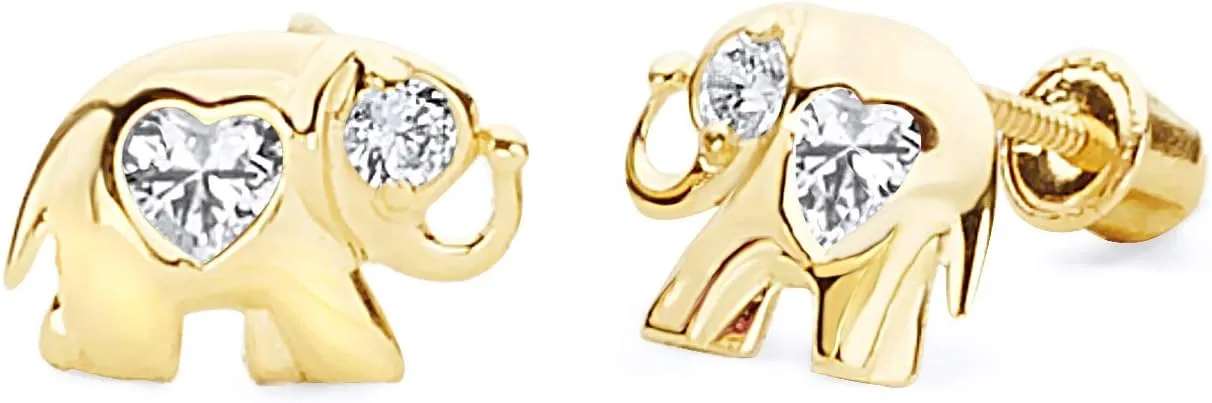Wellingsale 14K Yellow Gold Polished Elephant Heart Stud Earrings With Screw Back