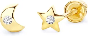 Wellingsale 14K Yellow Gold Polished Moon And Star Stud Earrings With Screw Back
