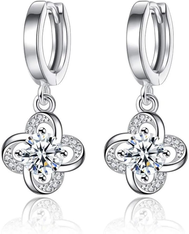 White Gold Plated Clover Flower Polished Dangle Hoop Earrings (White)