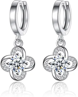 White Gold Plated Clover Flower Polished Dangle Hoop Earrings (White)