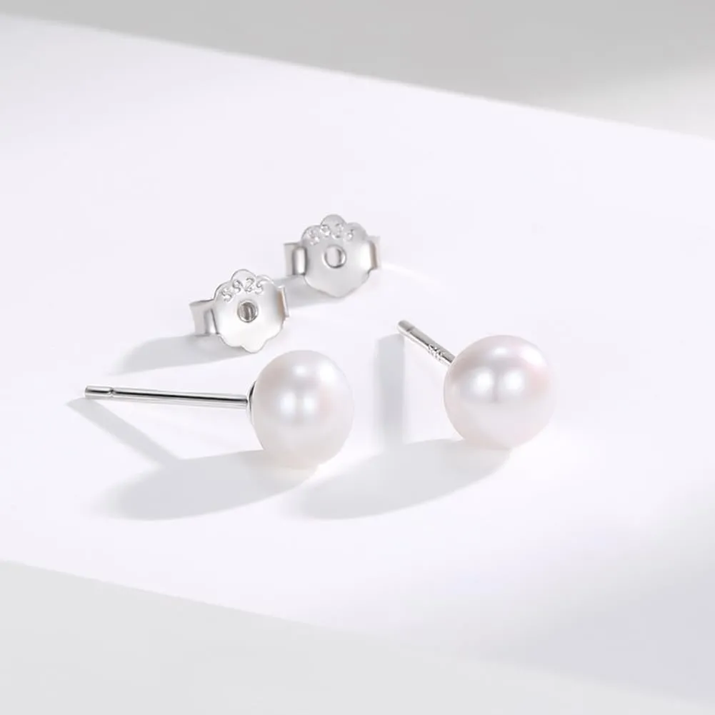 White Gold Plated Sterling Silver Pearl Stud Earrings for Women, White Pearl Wedding Earrings Hypoallergenic Jewelry