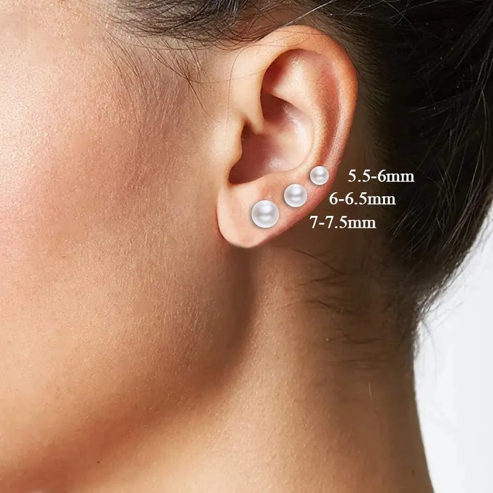 White Gold Plated Sterling Silver Pearl Stud Earrings for Women, White Pearl Wedding Earrings Hypoallergenic Jewelry