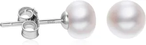 White Gold Plated Sterling Silver Pearl Stud Earrings for Women, White Pearl Wedding Earrings Hypoallergenic Jewelry