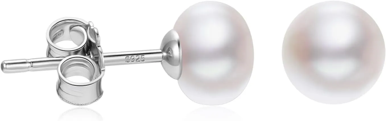 White Gold Plated Sterling Silver Pearl Stud Earrings for Women, White Pearl Wedding Earrings Hypoallergenic Jewelry