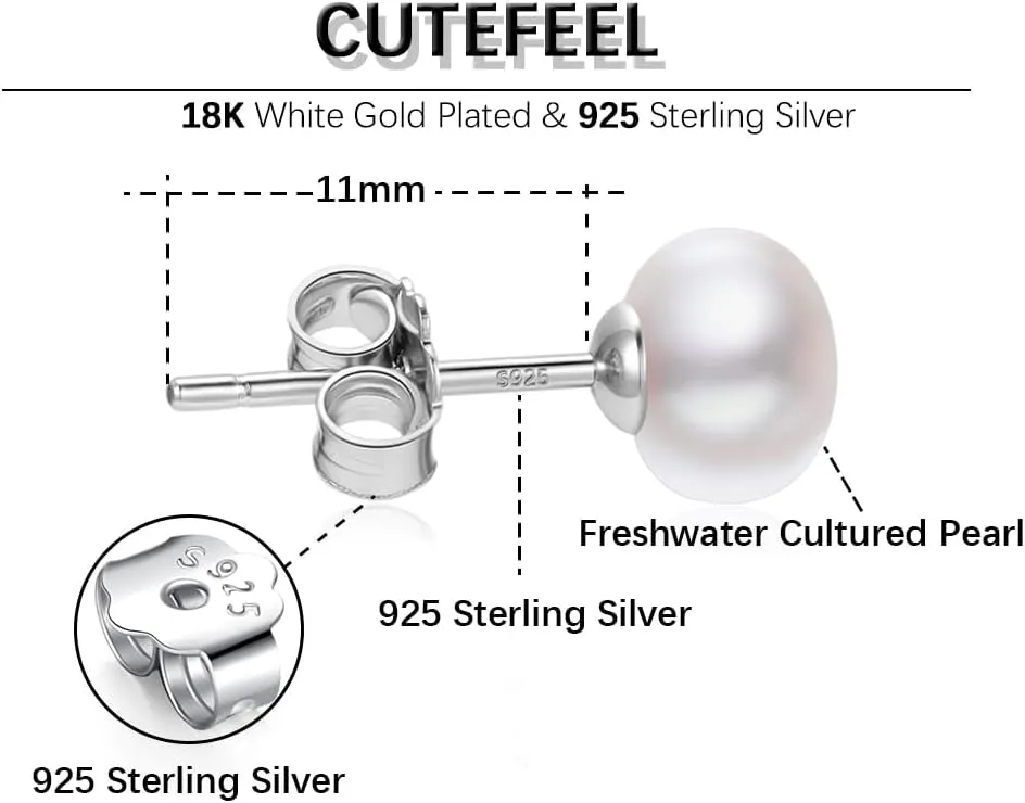 White Gold Plated Sterling Silver Pearl Stud Earrings for Women, White Pearl Wedding Earrings Hypoallergenic Jewelry