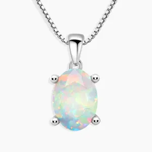 White Opal Pendant Necklace Oval Shape - 925 Silver