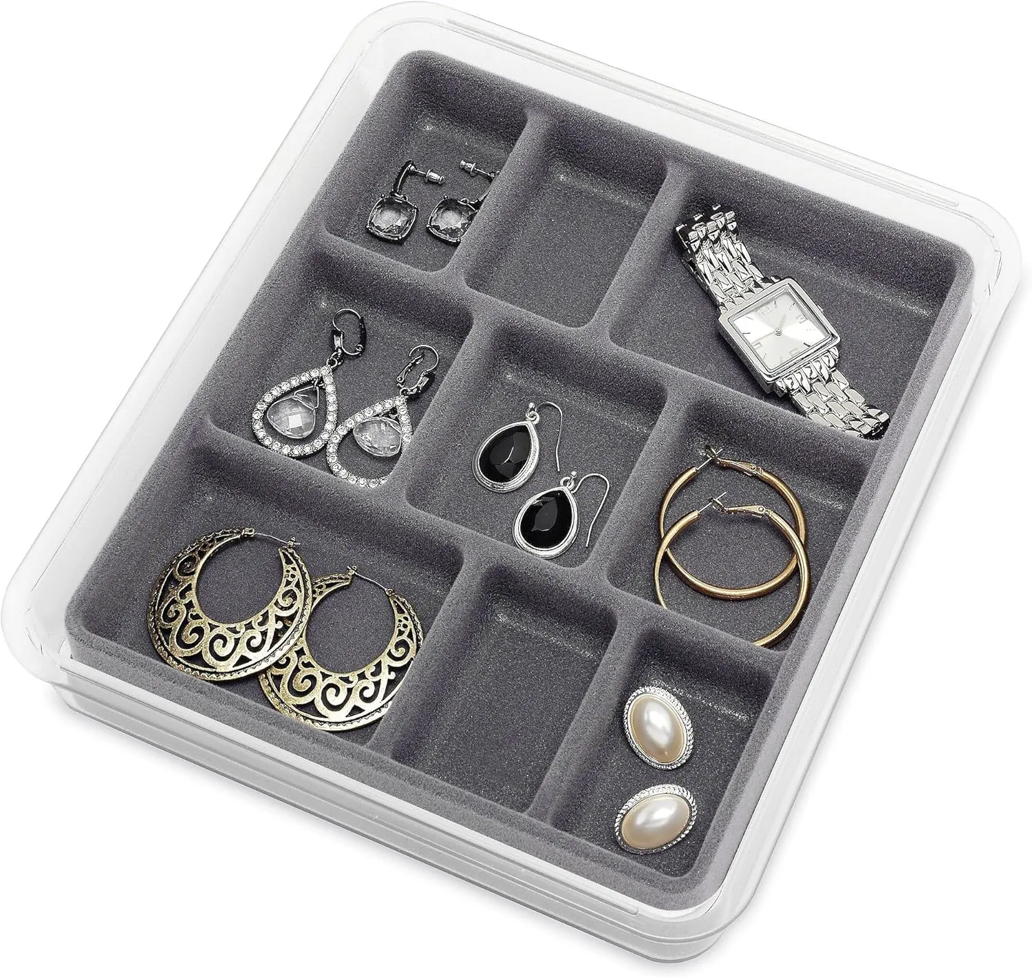 Whitmor Stackable 9 Section Jewelry Tray, Grey,White