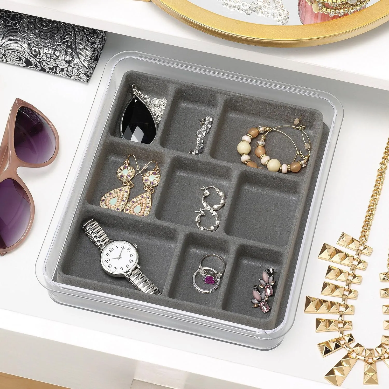 Whitmor Stackable 9 Section Jewelry Tray, Grey,White