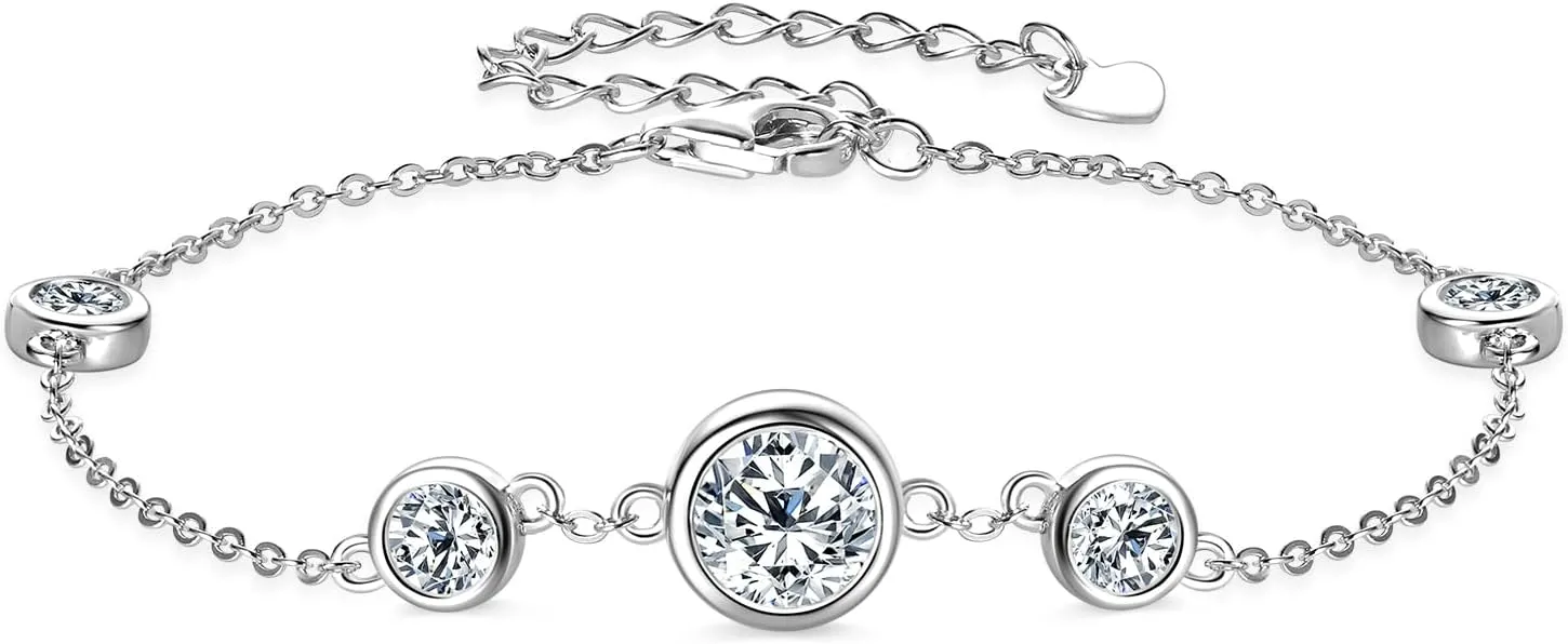 WOAINI Adjustable Sterling Silver Bracelet with 4 or 5 Moissanite Pendants Bezel-Setting, Moissanite bracelets Diamond-Alternative Gift for Women, 6.5" 2", Gold-Plated
