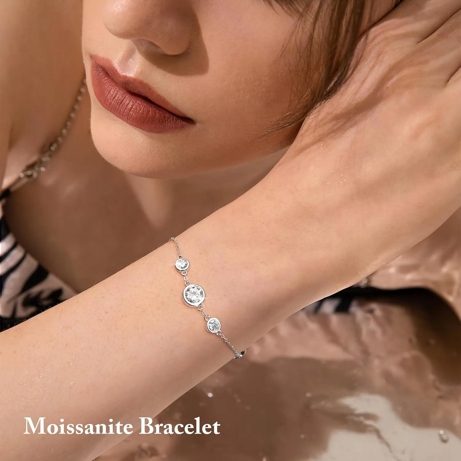 WOAINI Adjustable Sterling Silver Bracelet with 4 or 5 Moissanite Pendants Bezel-Setting, Moissanite bracelets Diamond-Alternative Gift for Women, 6.5" 2", Gold-Plated
