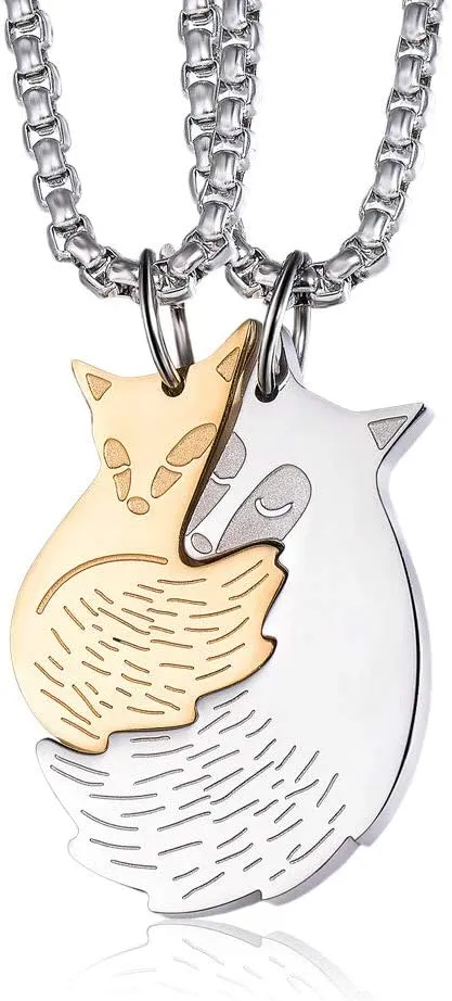 Wolentty Couple Fox Necklace - Stainless Steel Fox Couples Necklaces Jewelry Gift for Men Women