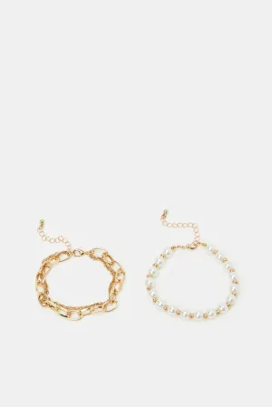 Women Gold Pearls Bracelet Set (Pack of 2)