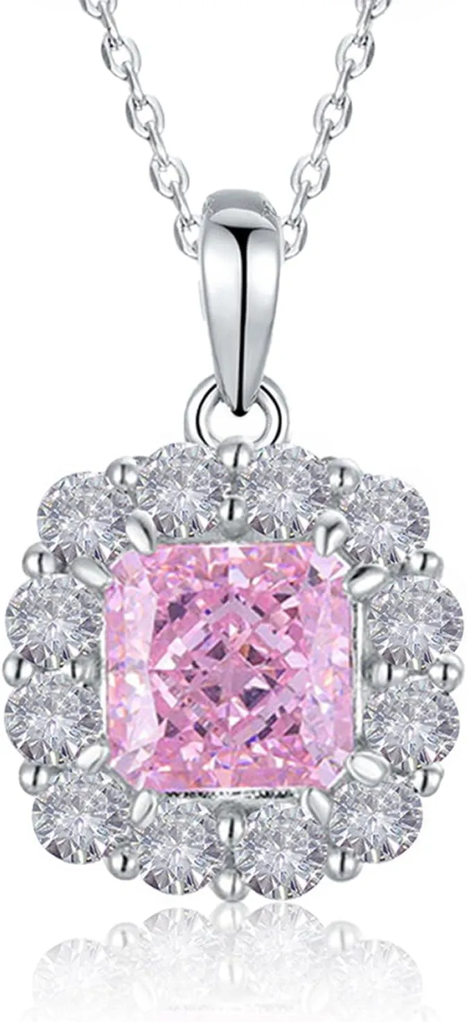 Women's 6 * 6MM Pink Diamond Necklace-Dazzling 925 Silver Square Cubic Zirconia Halo Pendant-Fashion Jewelry for Her on Birthday,Wedding,Anniversary,Mother's Day