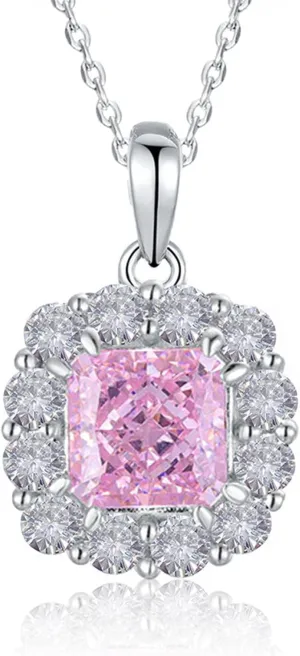 Women's 6 * 6MM Pink Diamond Necklace-Dazzling 925 Silver Square Cubic Zirconia Halo Pendant-Fashion Jewelry for Her on Birthday,Wedding,Anniversary,Mother's Day