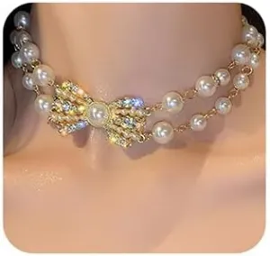 Xerling Dainty Boho Layered Bow Golden Pearls Choker Necklaces Summer Beach Choker Pendant Necklace Chain Fashion Jewelry for Women