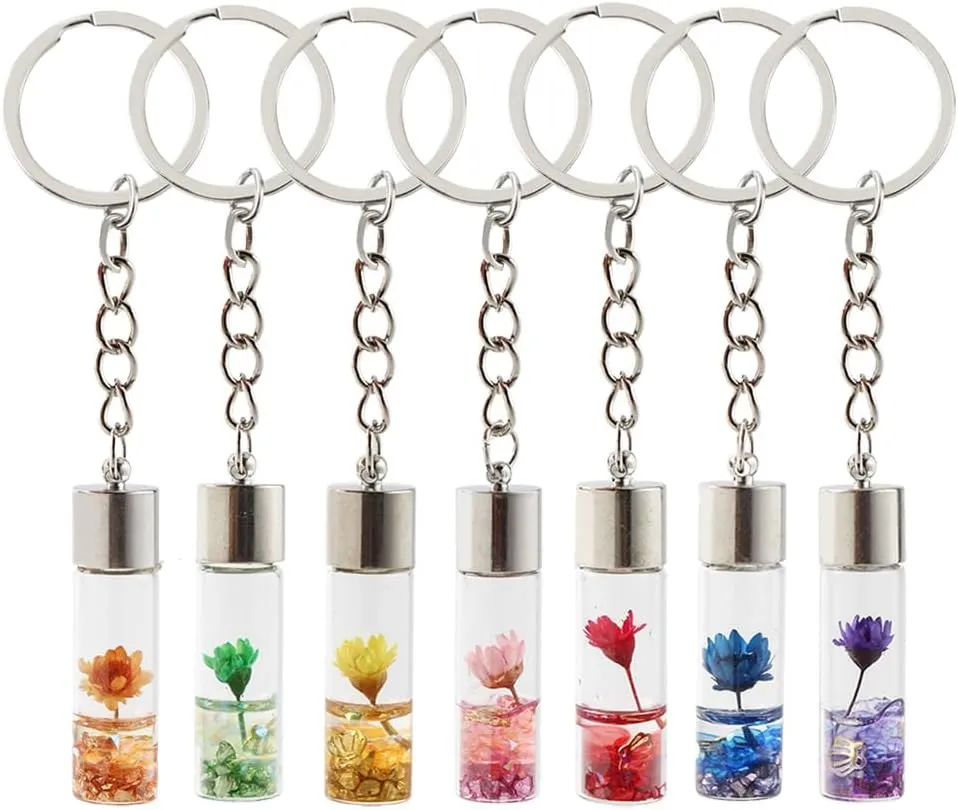 Ximimark 7pcs Flower In Bottle Keychain Heart Key Ring Purse Bag Backpack Car Charm Earphone Accessory Women Valentine's Day Gift