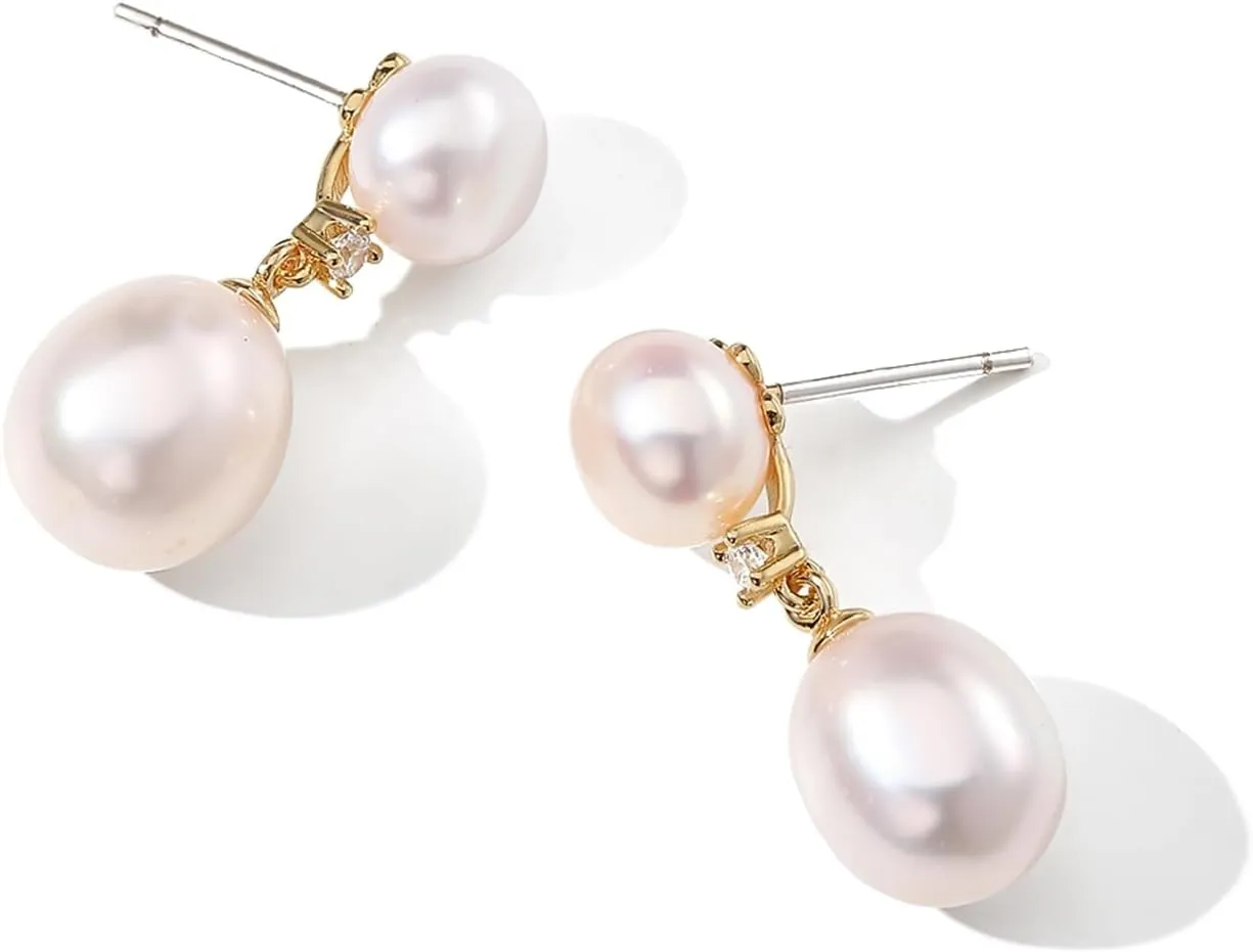 XYJZXY 18K Gold Pearl Stud Earrings for Women Double Pearl Earrings Cubic Zirconia Dangle Drop Earrings Bridal Wedding Jewelry