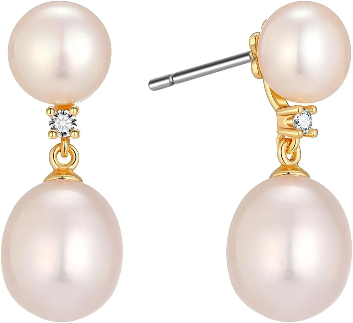 XYJZXY 18K Gold Pearl Stud Earrings for Women Double Pearl Earrings Cubic Zirconia Dangle Drop Earrings Bridal Wedding Jewelry